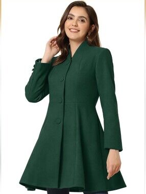 Allegra K Single Breasted Pea Coat A Line Mid-Long Size Small Dark Green